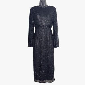 Mac Duggal Dress 8 fully beaded black trellis mesh overlay ls midi mother bride